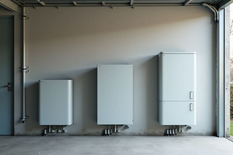 Drie thuisbatterij's van verschillend formaat naast elkaar tegen de muur van een garage.