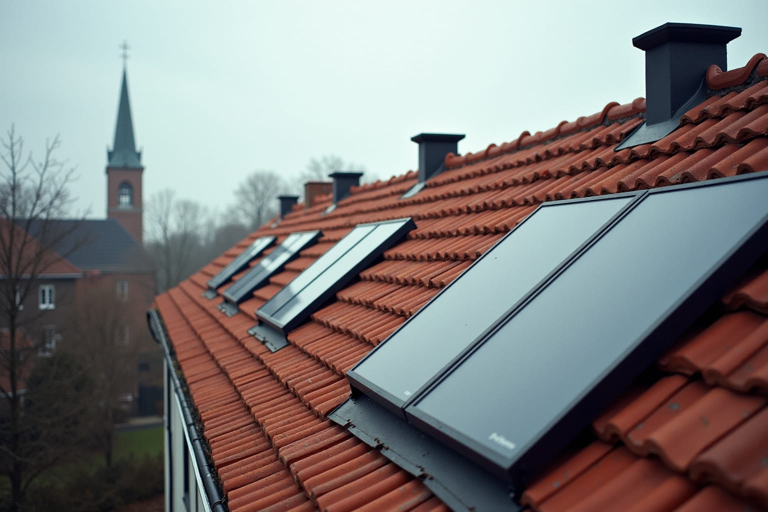 Rij daken van Nederlandse rijtjeshuizen met zonnepanelen, gezien vanaf een naburig dak, met een kerktoren op de achtergrond.