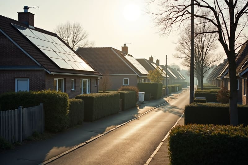 Een rij Nederlandse rijtjeshuizen met zonnepanelen op het dak, in laagstaande ochtendzon aan een rustige straat.